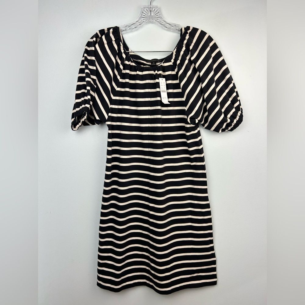 NWT J. Crew Puff Sleeve Knit Sheath Dress Blk & Wht Stripes 3/4 Sleeve Sz XS